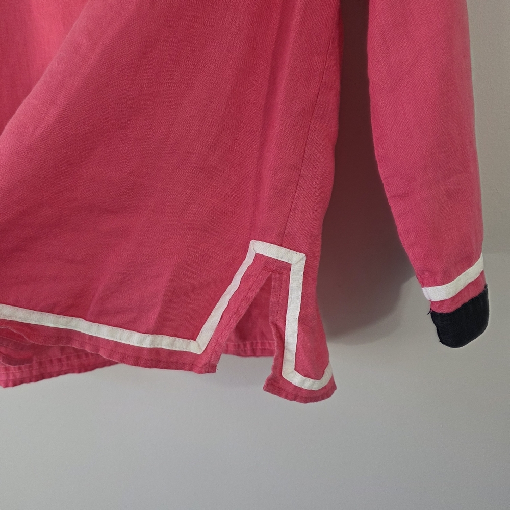 Talbots 100% Linen Long Sleeve Tunic Top Blouse Shirt Pink Navy Women's Large - Picture 6 of 9